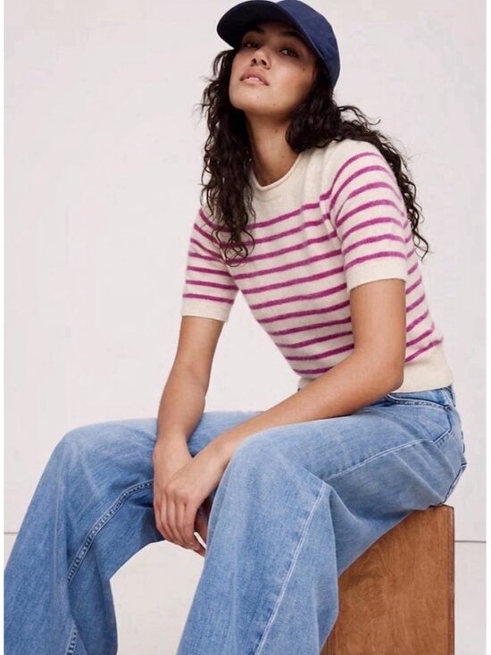Banana Republic Sweaters - NEW Banana Republic 100% Cashmere Short Sleeve Sweater SMALL Striped PINK Cream
